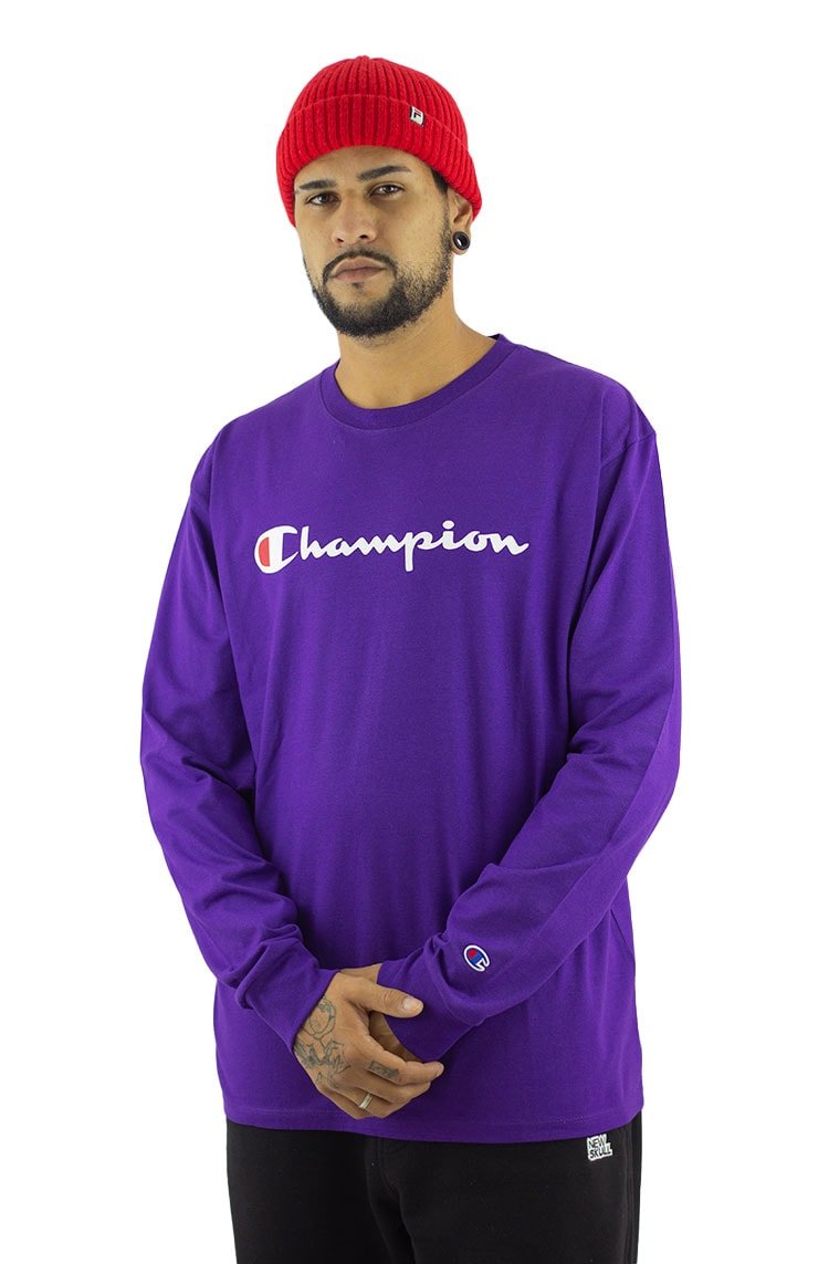 Camiseta Champion Manga Longa Script Logo Print Roxa/Branca - NewSkull