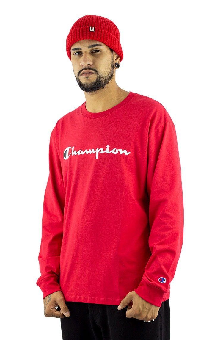 Camiseta Champion Manga Longa Script Logo Print Vermelha/Branca - NewSkull