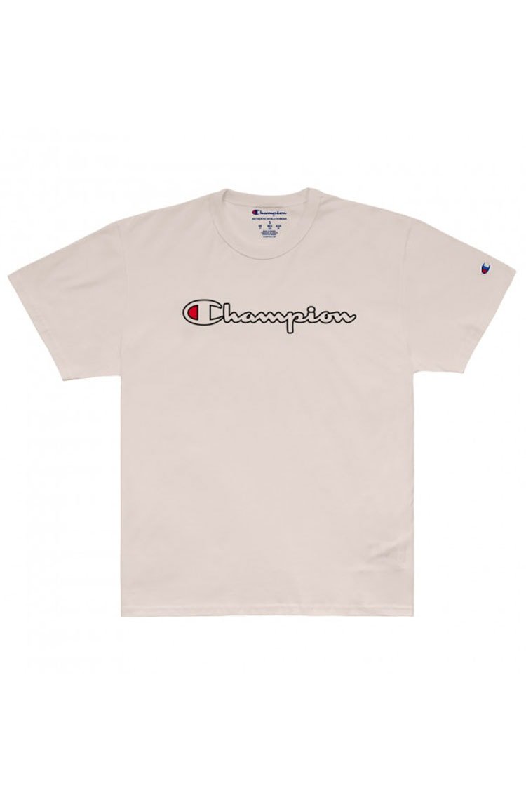 Camiseta Champion Script Logo Outline Bege/Preto - NewSkull