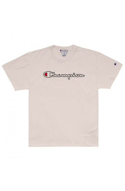 Camiseta Champion Script Logo Outline Bege/Preto - NewSkull