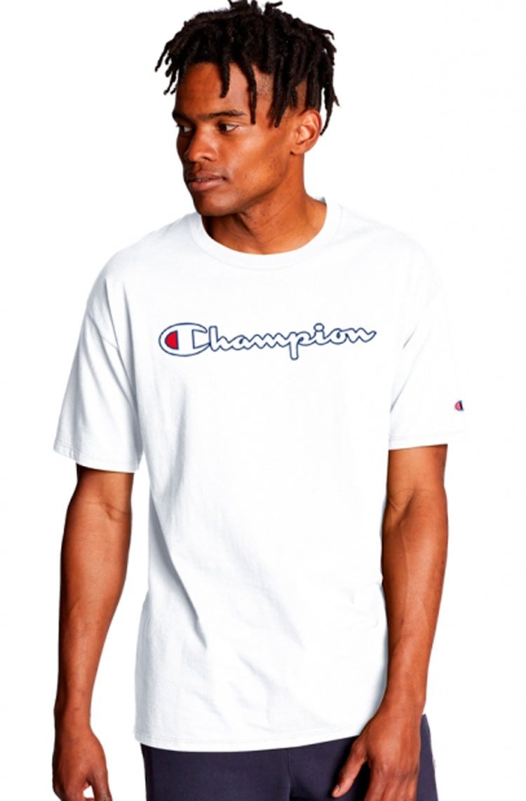 Camiseta Champion Script Logo Outline Branco/Azul - NewSkull