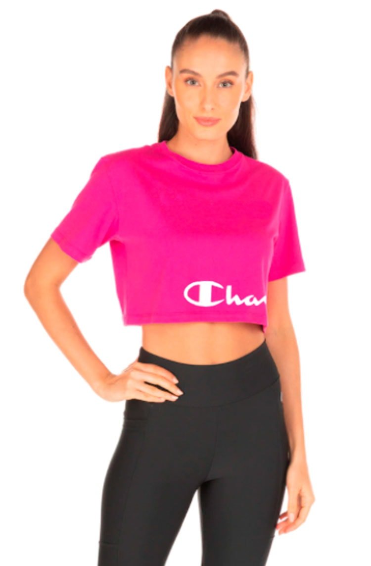Camiseta Cropped Feminina Champion Script Around Rosa/Branco - NewSkull