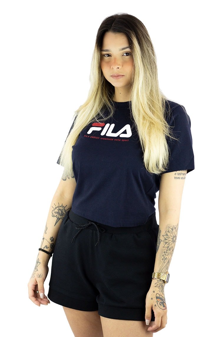 Camiseta Fila Cropped Logo Heritage Feminina Azul/Branca - NewSkull