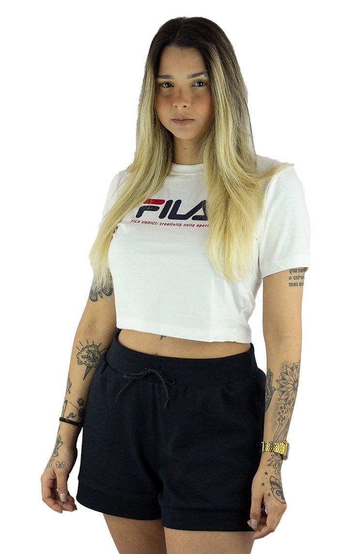 Camiseta Fila Cropped Logo Heritage Feminina Branca/Azul - NewSkull