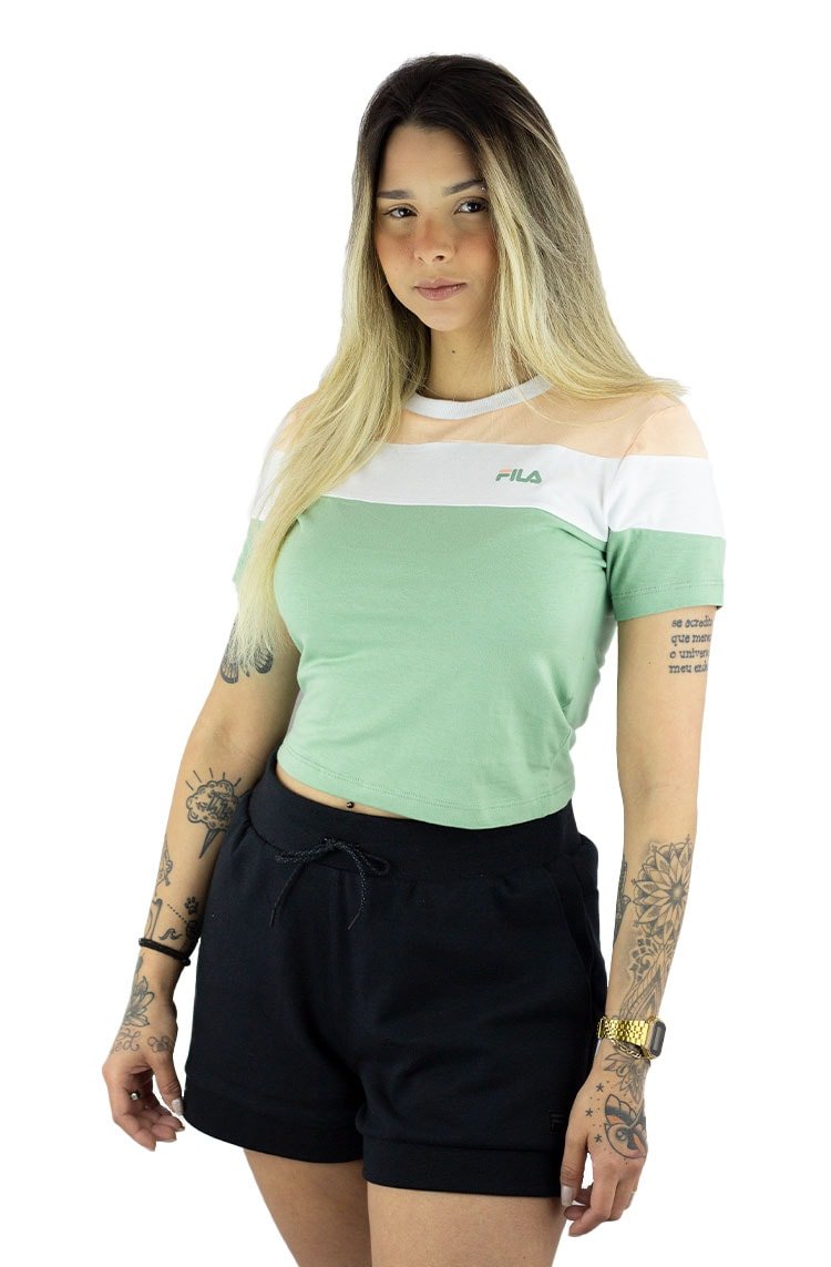 Camiseta Fila Cropped Maya Feminina Bege/Branca/Verde - NewSkull