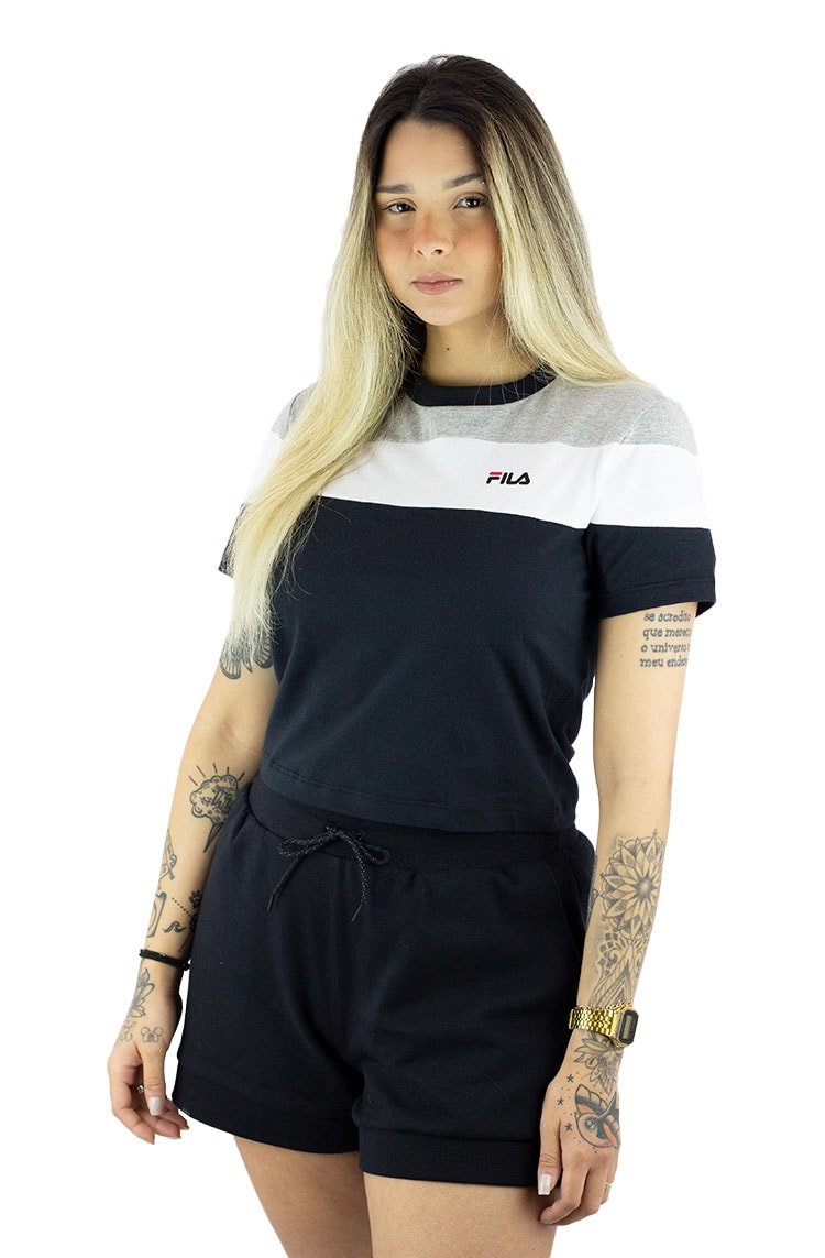 Camiseta Fila Cropped Maya Feminina Cinza/Branca/Preta - NewSkull