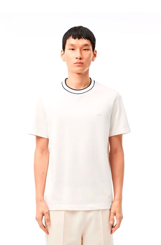 Camiseta Lacoste Piqué Stretch Gola Listrada Branco/Azul Marinho - NewSkull