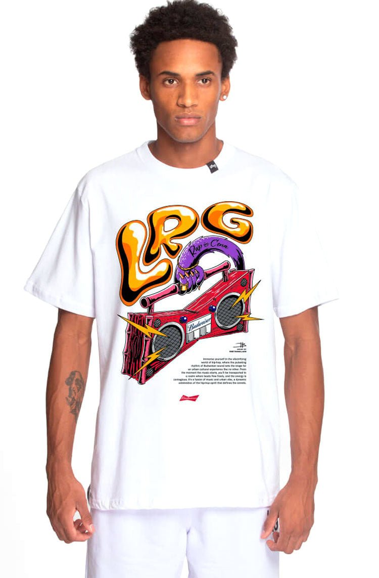 Camiseta LRG Rap In Cena Bud Stereo Branco - NewSkull