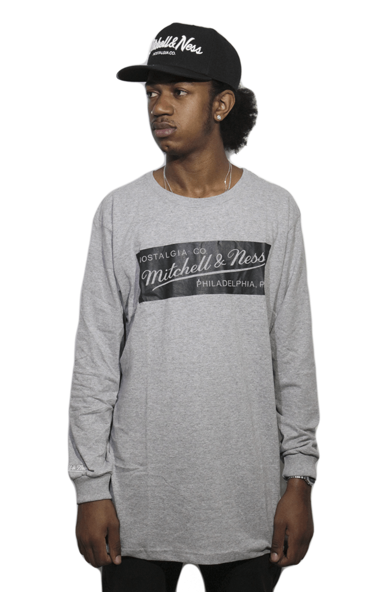 Camiseta Mitchell e Ness Box Logo Manga Longa Cinza - NewSkull