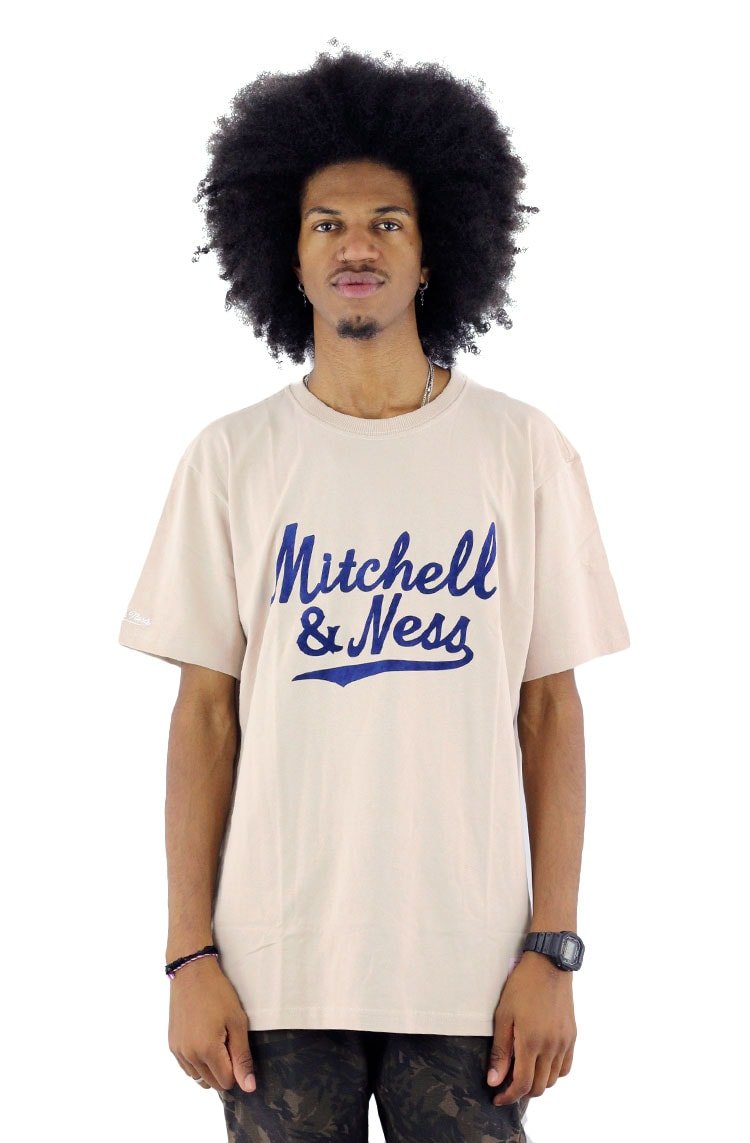 Camiseta Mitchell e Ness Logo Velvet Bege - NewSkull