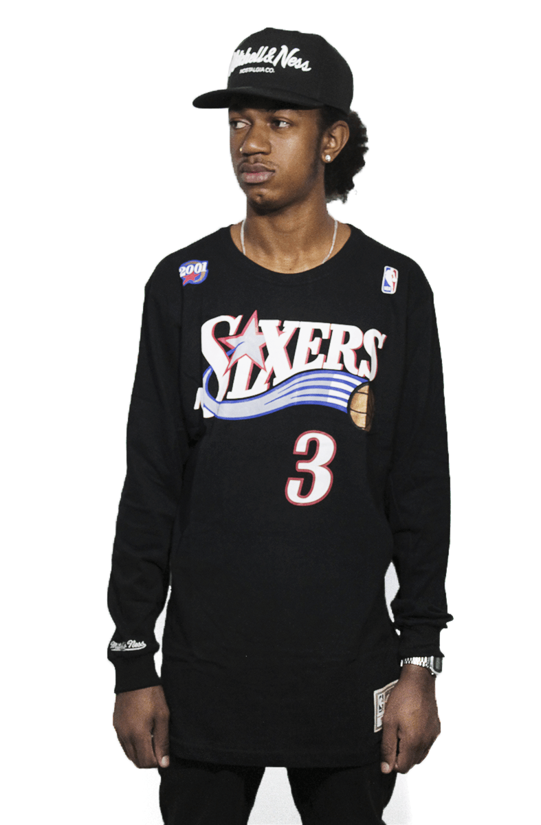 Camiseta Mitchell e Ness Philadelphia 76ers Kemp Name and Numbers Manga Longa Preto - NewSkull