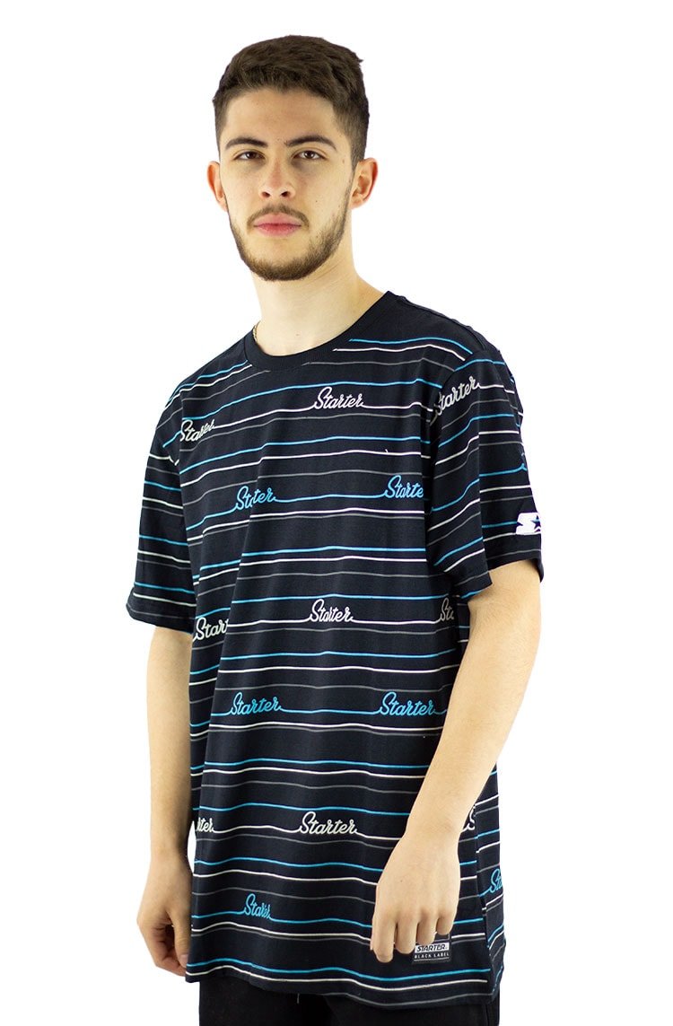 Camiseta Starter Listrada Preta/Azul - NewSkull
