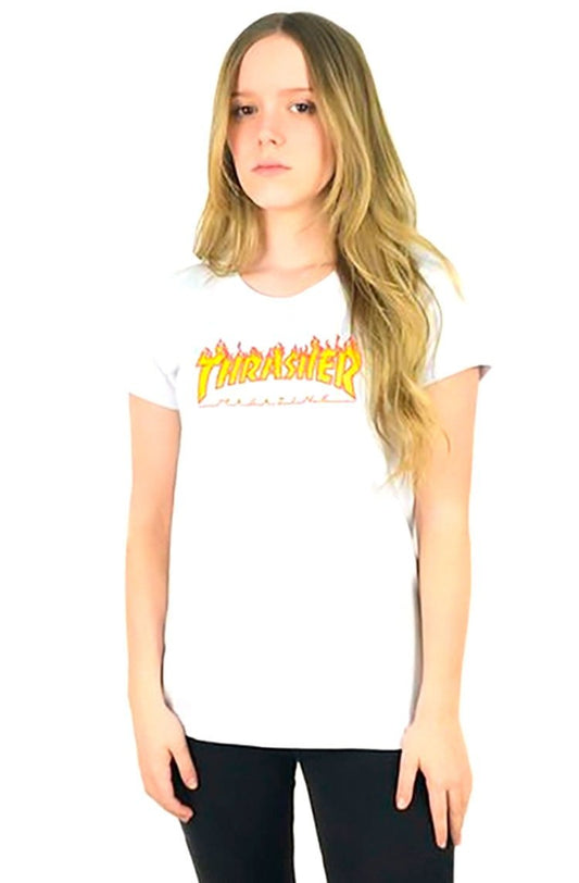 Camiseta Thrasher Flame Feminina Branca/Amarela - NewSkull