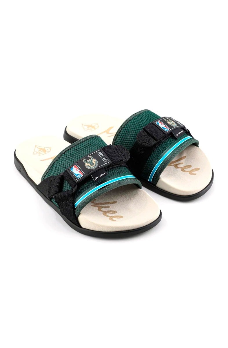 Chinelo Rider Slide NX NBA Milwaukee Bucks Preto/Verde/Bege - NewSkull