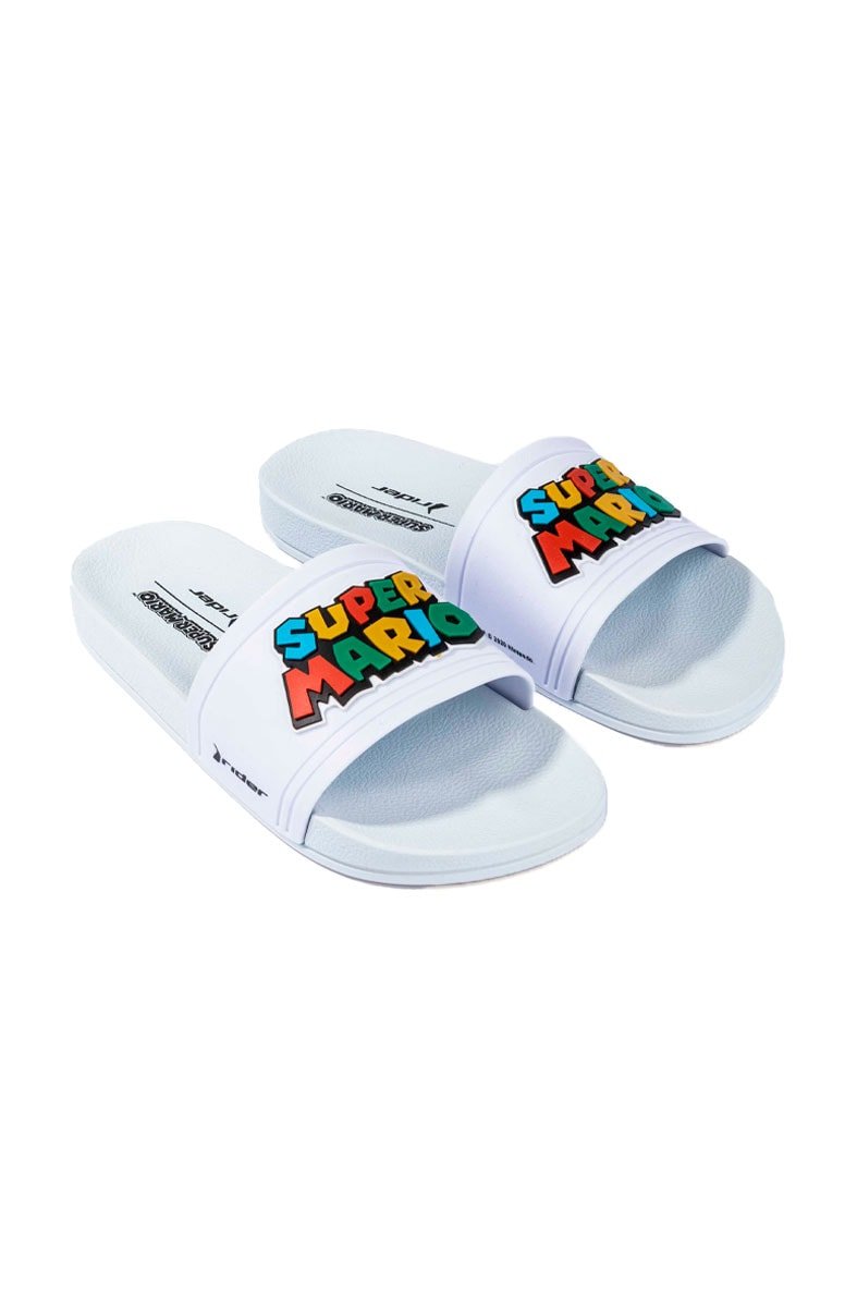 Chinelo Slide Rider + Meia Super Mario Branco/Branco - NewSkull