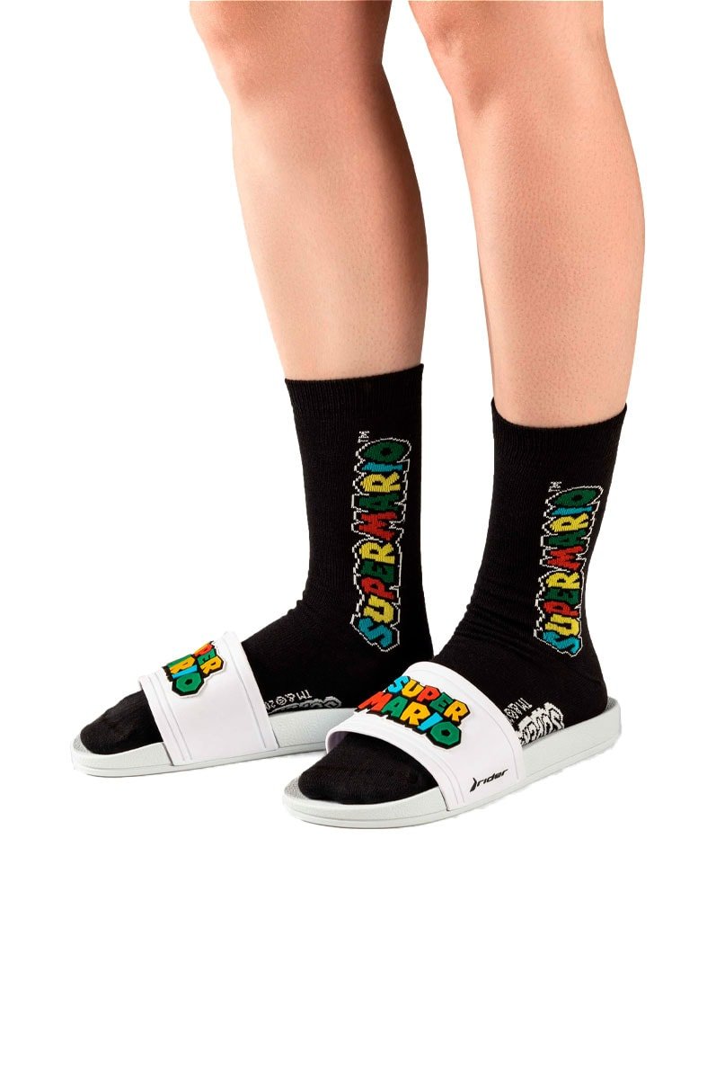 Chinelo Slide Rider + Meia Super Mario Branco/Branco - NewSkull