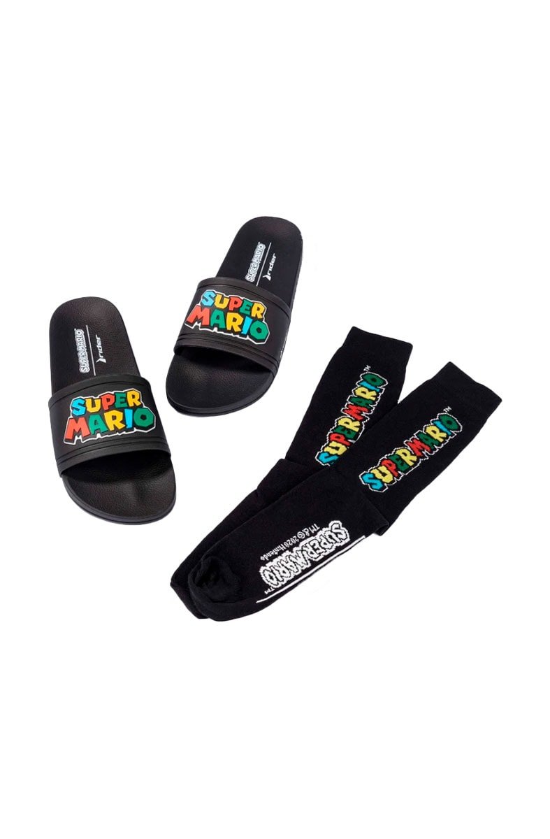 Chinelo Slide Rider + Meia Super Mario Preto/Preto - NewSkull