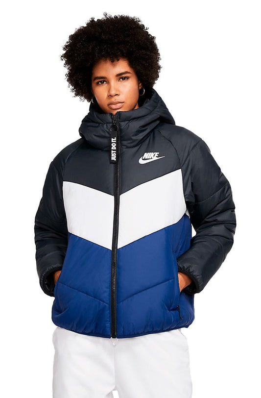 Jaqueta Nike Sportswear Estofada Windrunner Feminina Preta/Branca/Azul - NewSkull