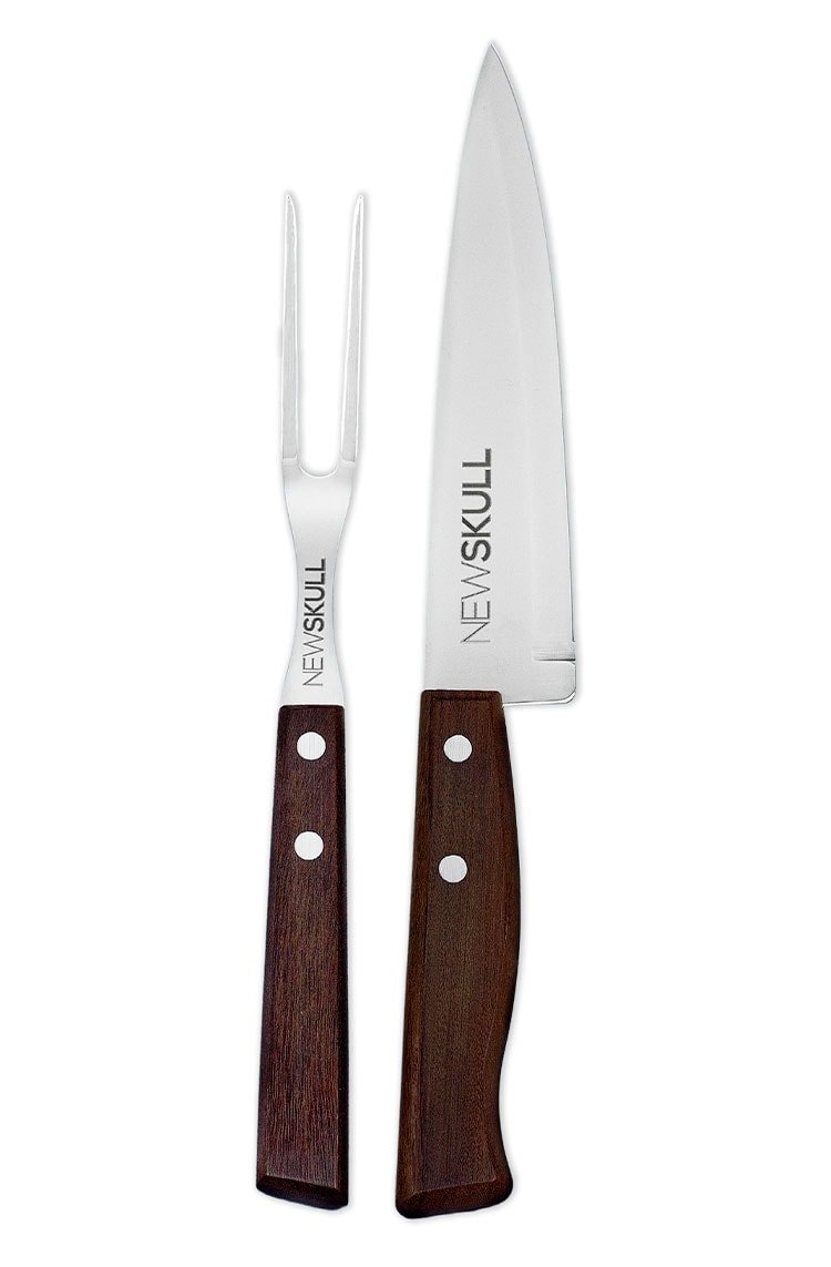 Kit Churrasco Tramontina x NewSkull em Aço Inox com Cabo em Madeira Natural 2 Peças - NewSkull