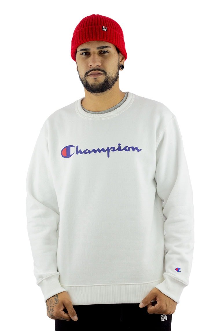 Moletom Champion Felpado Careca Script Logo Print Branco/Azul - NewSkull