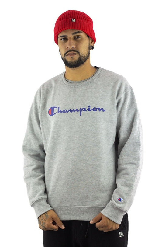 Moletom Champion Felpado Careca Script Logo Print Cinza/Azul - NewSkull