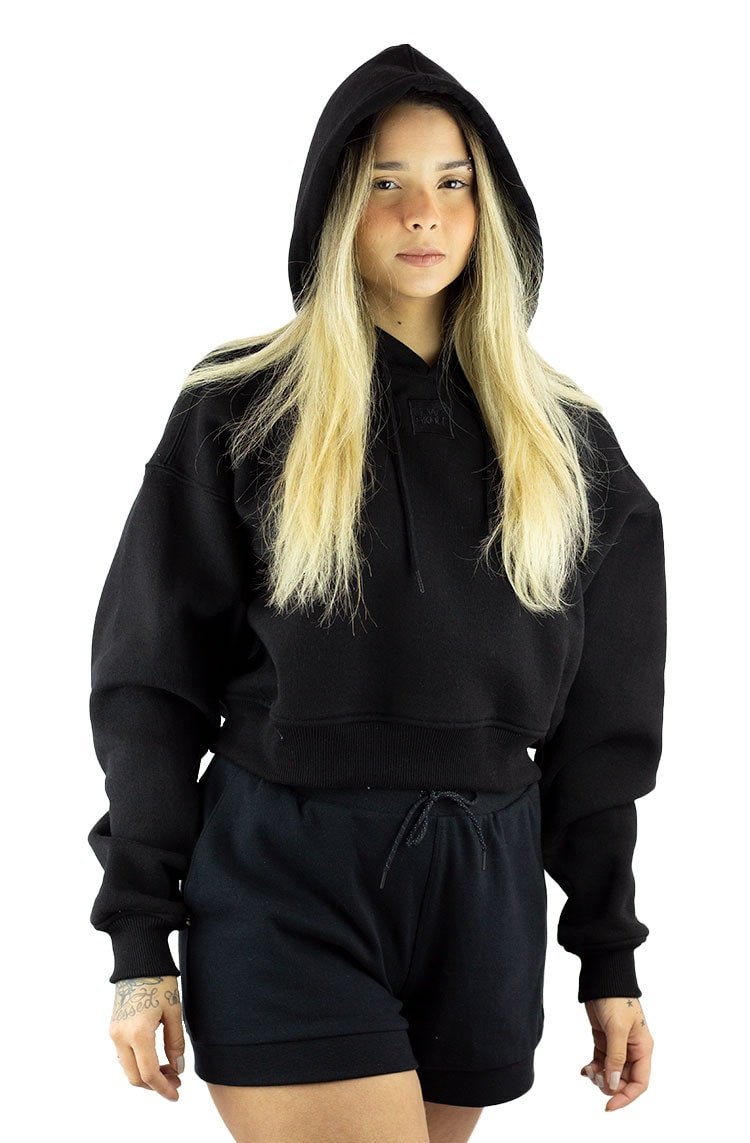 Moletom NewSkull Cropped Feminino Bordado Preto/Preto - NewSkull