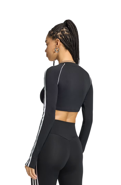 Camiseta Adidas Cropped Essentials LS 3-Stripes Preto/Branco