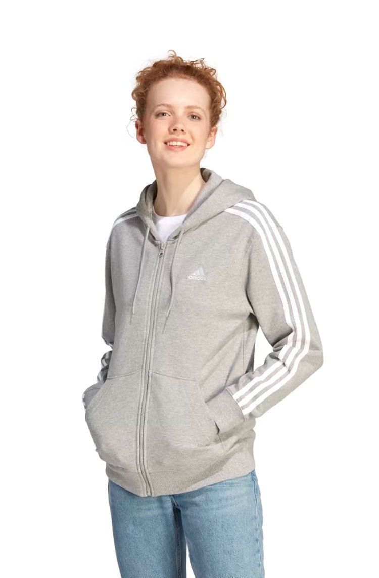 Blusa Moletom Adidas Capuz Zíper Regular Essentials 3 - stripes Cinza/Branco - NewSkull