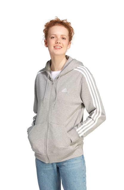 Blusa Moletom Adidas Capuz Zíper Regular Essentials 3 - stripes Cinza/Branco - NewSkull