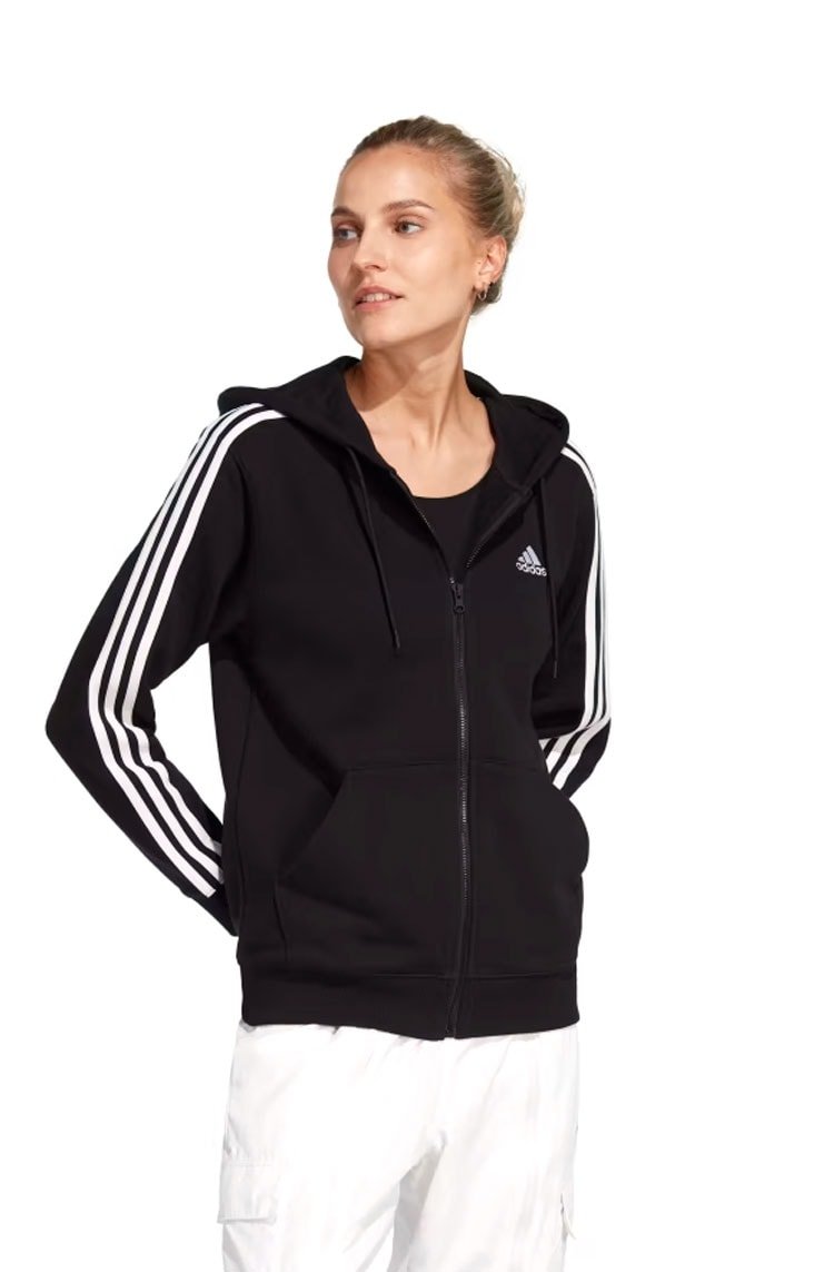 Blusa Moletom Adidas Capuz Zíper Regular Essentials 3 - stripes Preto/Branco - NewSkull