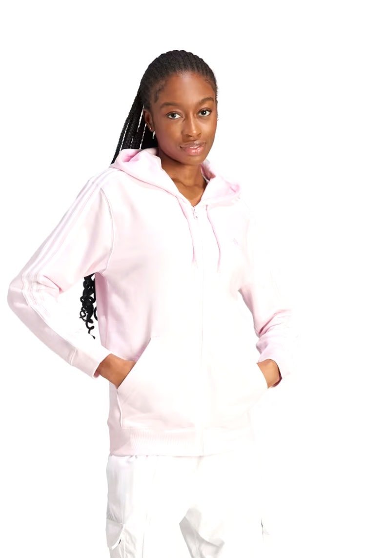 Blusa Moletom Adidas Capuz Zíper Regular Essentials 3 - stripes Rosa/Branco - NewSkull