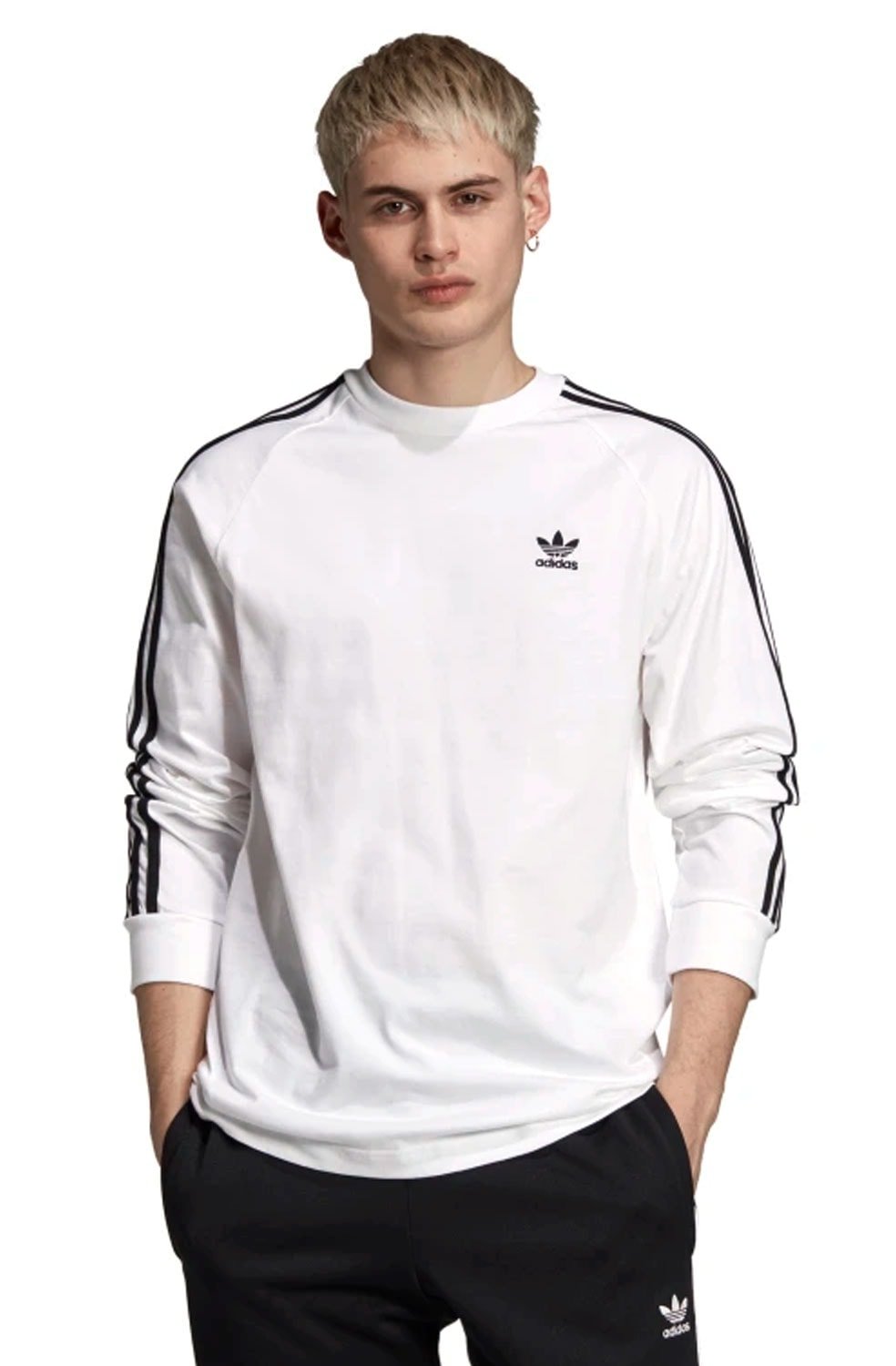 Camiseta Adidas 3 Stripes LS Manga Longa Branca - NewSkull