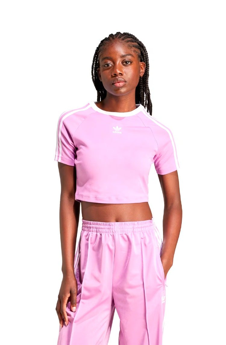 Camiseta Adidas Baby Look 3 - stripes Rosa/Branco - NewSkull