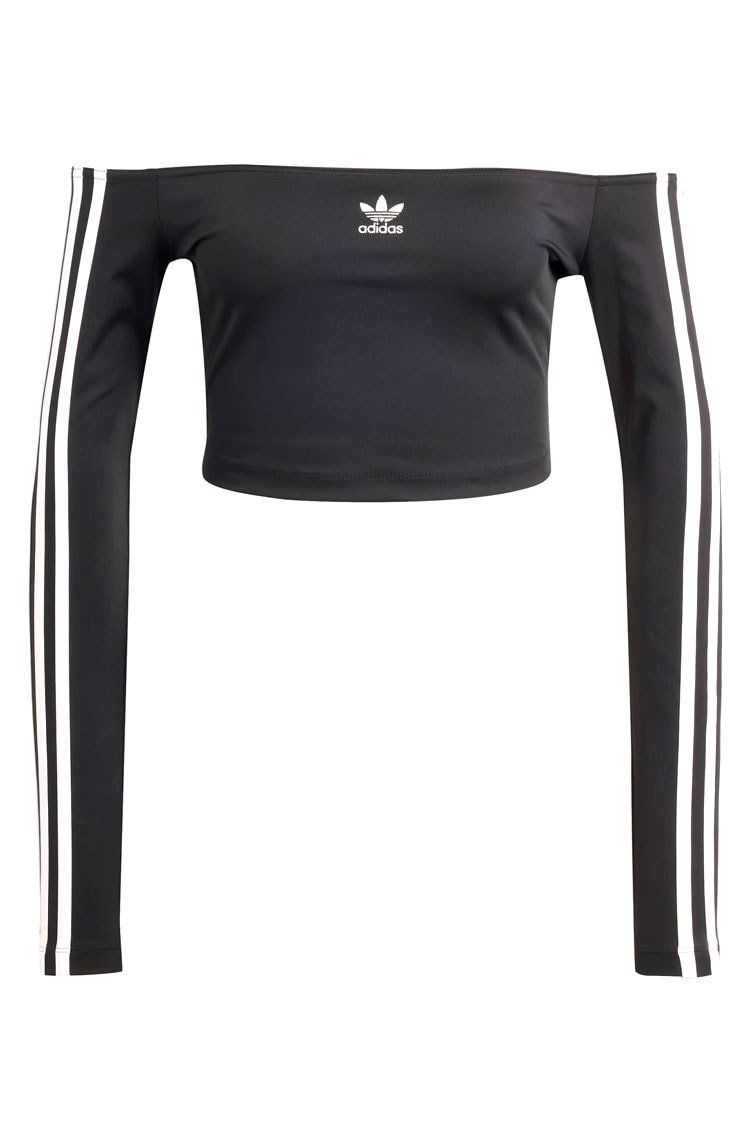 Camiseta Adidas Cropped Adicolor Off Shoulder Long Sleeve Preto/Branco - NewSkull