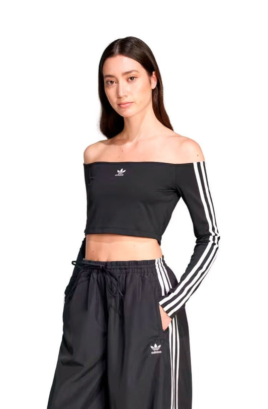Camiseta Adidas Cropped Adicolor Off Shoulder Long Sleeve Preto/Branco - NewSkull