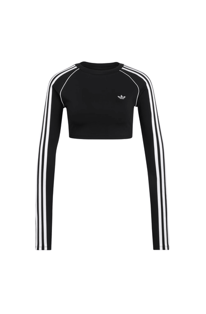 Camiseta Adidas Cropped Essentials LS 3-Stripes Preto/Branco - NewSkull
