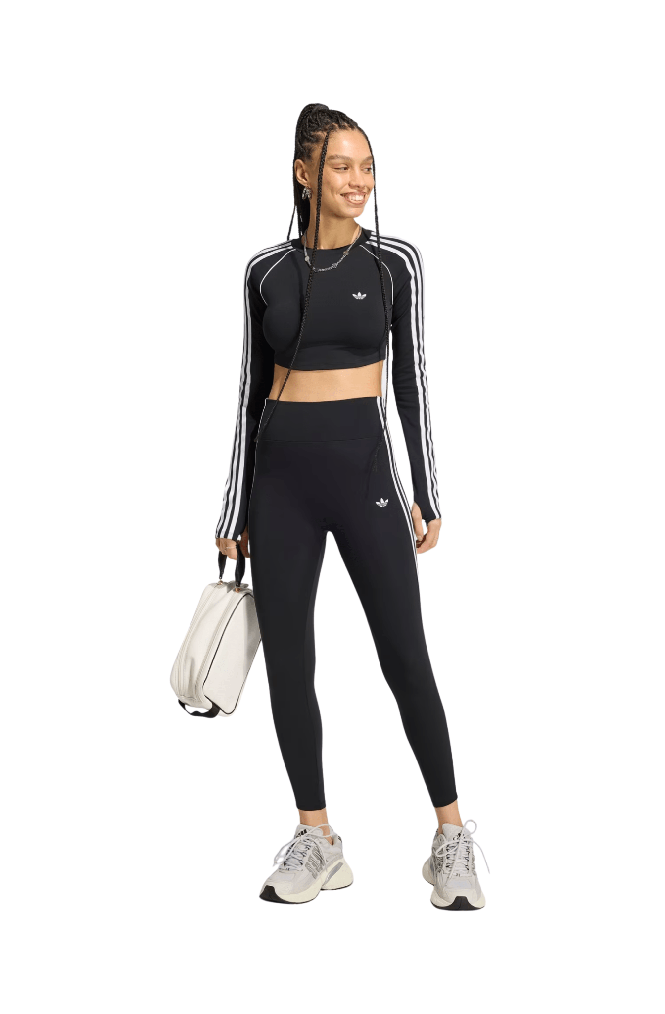 Camiseta Adidas Cropped Essentials LS 3-Stripes Preto/Branco - NewSkull