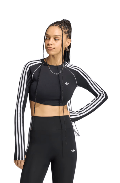 Camiseta Adidas Cropped Essentials LS 3-Stripes Preto/Branco - NewSkull
