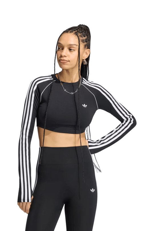 Camiseta Adidas Cropped Essentials LS 3-Stripes Preto/Branco - NewSkull