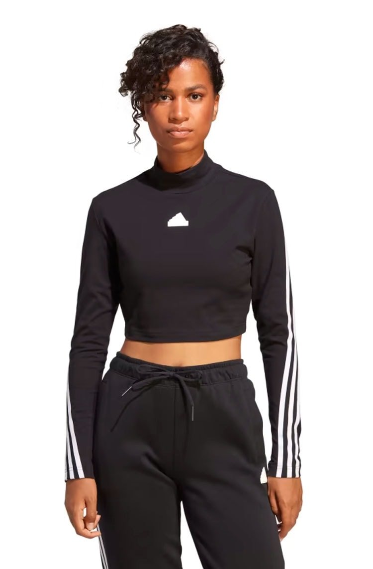 Camiseta Adidas Manga Longa Cropped Gola Mock Future Icons 3 - stripes Preto/Branco - NewSkull