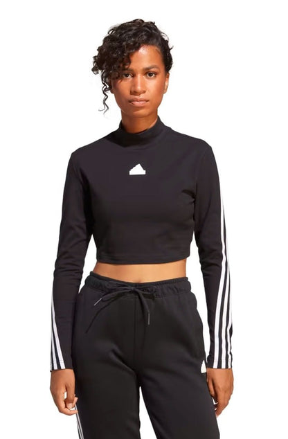Camiseta Adidas Manga Longa Cropped Gola Mock Future Icons 3 - stripes Preto/Branco - NewSkull