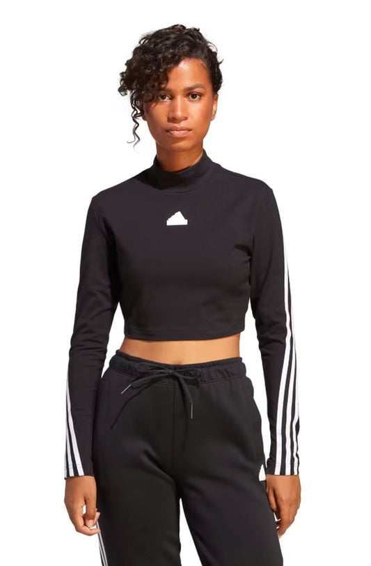 Camiseta Adidas Manga Longa Cropped Gola Mock Future Icons 3 - stripes Preto/Branco - NewSkull