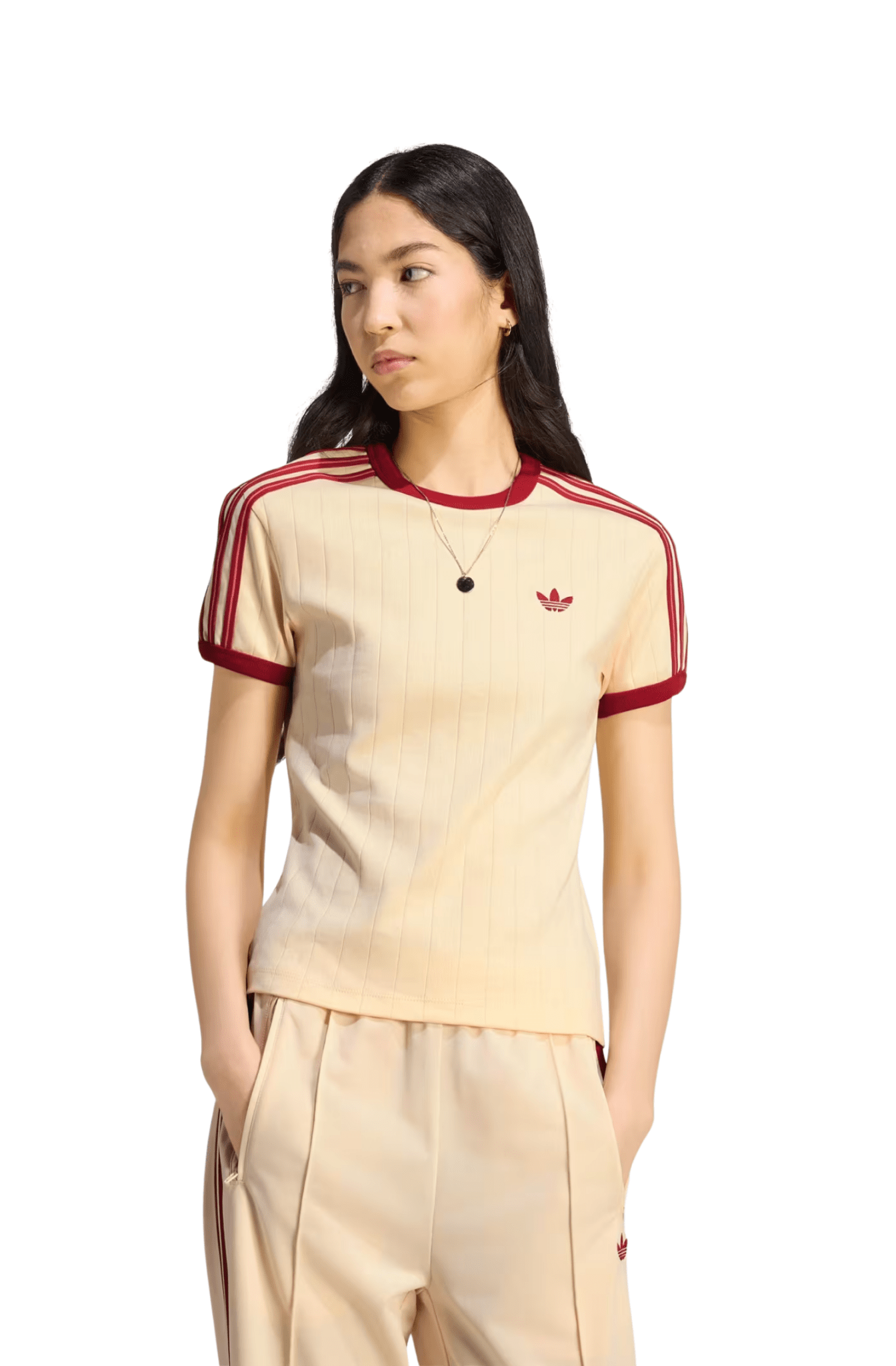 Camiseta Adidas Pinstripe Slim Bege/Vermelho - NewSkull
