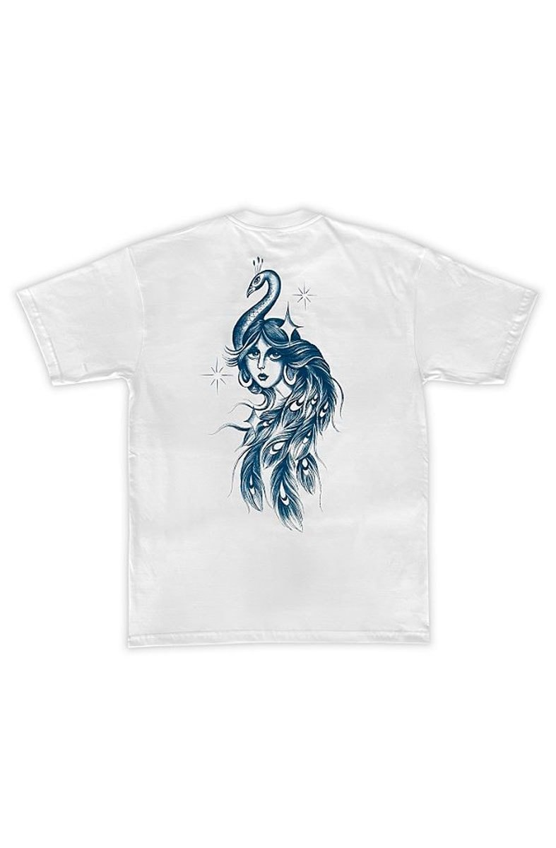 Camiseta Caos Art Ink Pavão Branca - NewSkull