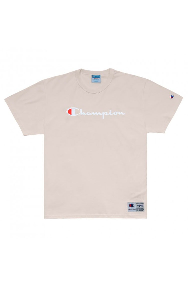 Camiseta Champion Logo Bordado Bege/Branca - NewSkull