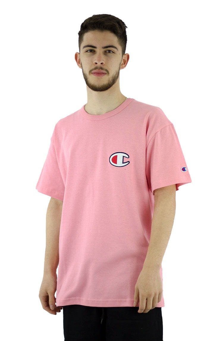 Camiseta Champion Malha Grossa C Patch Felt Rosa/Branco - NewSkull