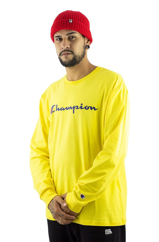 Camiseta Champion Manga Longa Script Logo Print Amarela/Azul - NewSkull