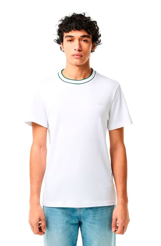Camiseta Lacoste Piqué Stretch Gola Listrada Branco - NewSkull