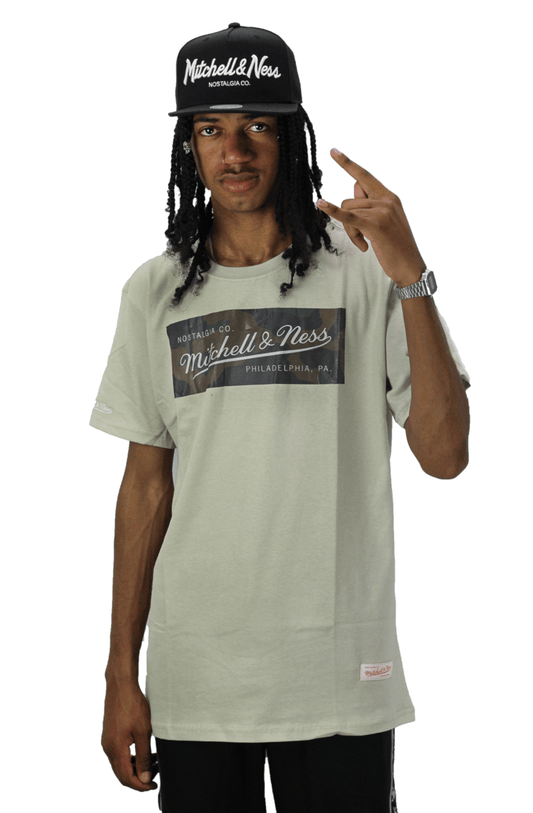 Camiseta Mitchell e Ness Box Logo Camo Bege - NewSkull