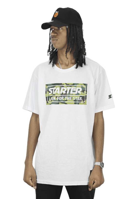Camiseta Starter Box Logo Camuflado Branco - NewSkull